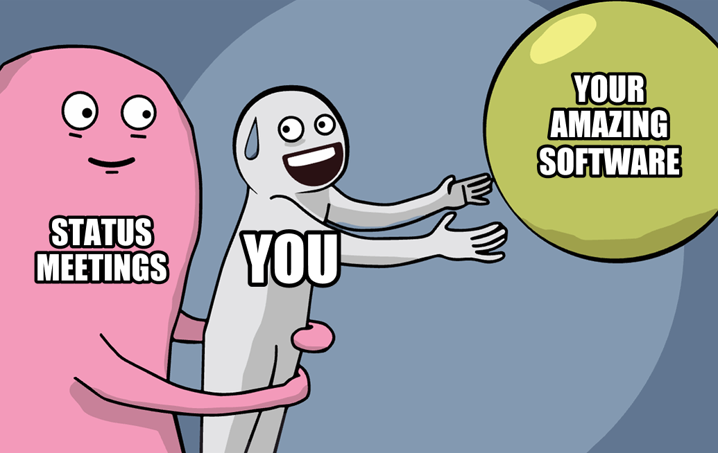 A pink blob-like monster slightly larger than you, labeled 'status meetings', shows up behind you, and holds you back from reaching the balloon.
