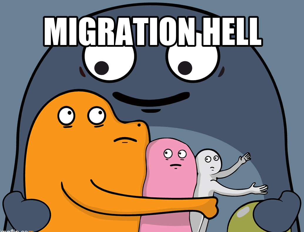 A fourth, giant monster labeled 'migration hell' wraps one arm around the whole cast, and takes the balloon with the other.